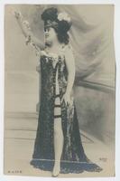 [Woman posed in beaded gown with leg showing]