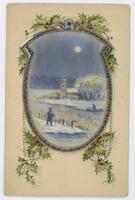 [Winter scene in oval with holly]