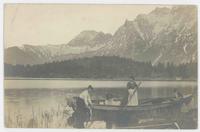 [Family fishing in an alpine lake]