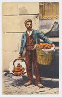 [Italian man in traditional clothing holding baskets of fruit]