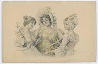 [Three women with bonnets, one holding a basket of fruit]