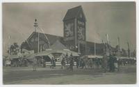 [Oktoberfest beer halls and pedestrians]