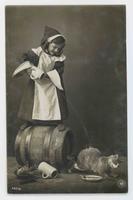 [Girl in costume with cookware & food, pouring water on cat]