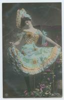 [Woman posed in ruffled and sequined dress with frilly hat] 1136/8