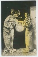 [Woman and boy in Japanese costume with lantern]