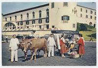 Bullock carro and flower girls at the entrance to the town