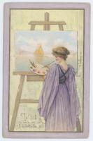 [Woman in purple gown painting at an easel]