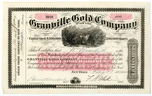 Shares are  each; dated February 13, 1880; miners mining vignette; This certificate pinned together with .07-.08 and .10 through .15