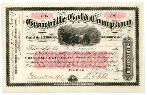 Shares are  each; dated November 20, 1879; Miners mining vignette; This certificate pinned together with .07 and .09 through 15