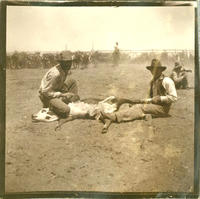 [Two cowboys holding down calf to be branded]