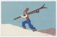 [Girl carrying skiis uphill]