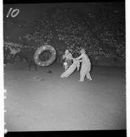 Unidentified Rodeo clowns Bull fighting