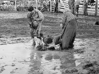 Rodeo clowns and riders in the Mud